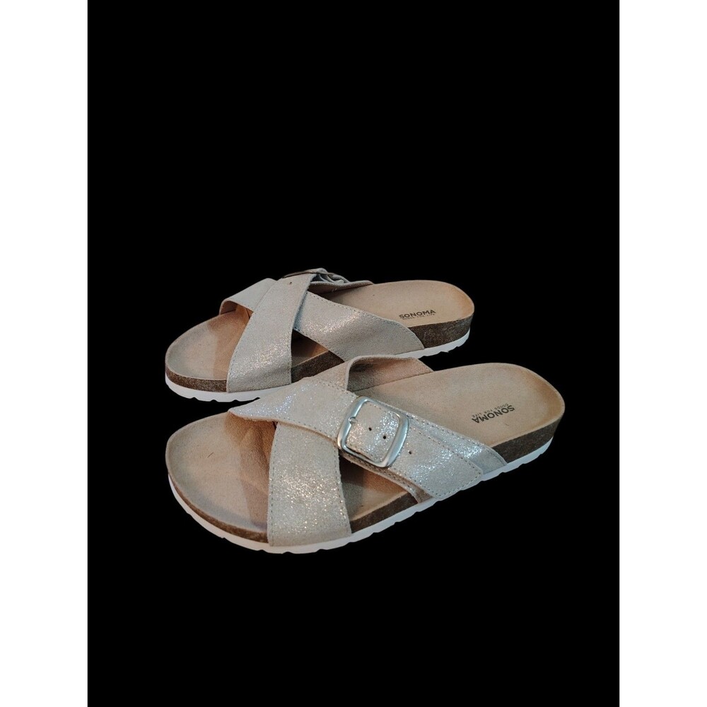 Sonoma Women's Tarragon Leather Criss Cross Slide Sandals Sliver Metallic Size 7